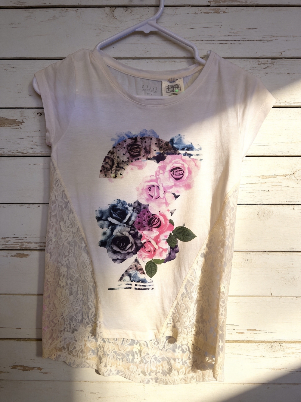 Guess Cream Short Sleeve Tee with Pink & Blue Floral Print